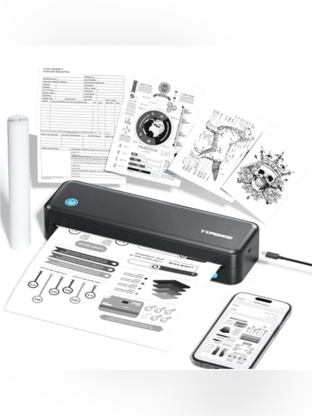 Portable wireless Bluetooth printer support thermal paper
